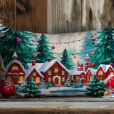 Christmas Village Lumbar Pillow Cover, Snowy Houses Cushion Case