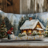 Christmas Village Lumbar Pillow Cover, Snowy Houses Cushion Case