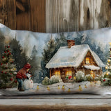 Xmas Landscape Lumbar Pillow Cover: Winter Pine Tree Design