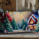 Xmas Landscape Lumbar Pillow Cover: Winter Pine Tree Design