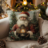 Vintage Santa Claus Pillow Cover: Rustic Christmas Lantern &amp; Pine Trees