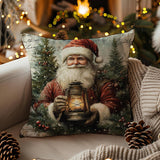 Vintage Santa Claus Pillow Cover: Rustic Christmas Lantern &amp; Pine Trees