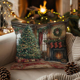 Red Bow Pillow Cover: Christmas Wreath with Floral Holiday Ribbon Design