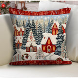 Snowy Mountain House Pillow Cover: Winter Pine Tree, Christmas Ornaments