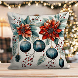Snowy Mountain House Pillow Cover: Winter Pine Tree, Christmas Ornaments