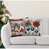 Snowy Mountain House Pillow Cover: Winter Pine Tree, Christmas Ornaments