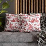 Red Christmas Toile Pillow Cover, Santa Sleigh and Reindeer Pillowcase, Farmhouse Holiday Decor