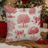 Red Toile de Jouy Christmas Throw Pillow Cover, Velvety Cotton Blend Decor