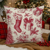 Red Toile de Jouy Christmas Throw Pillow Cover, Velvety Cotton Blend Decor