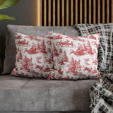 Red Christmas Toile Pillow Cover, Santa Sleigh and Reindeer Pillowcase, Farmhouse Holiday Decor