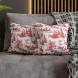 Red Christmas Toile Pillow Cover, Santa Sleigh and Reindeer Pillowcase, Farmhouse Holiday Decor