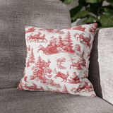 Red Christmas Toile Pillow Cover, Santa Sleigh and Reindeer Pillowcase, Farmhouse Holiday Decor