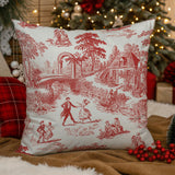Red Toile de Jouy Christmas Throw Pillow Cover, Velvety Cotton Blend Decor