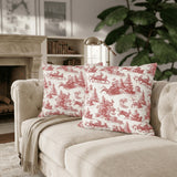 Red Christmas Toile Pillow Cover, Santa Sleigh and Reindeer Pillowcase, Farmhouse Holiday Decor
