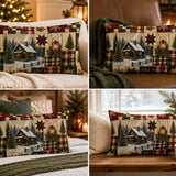 Vintage Christmas Cabin Lumbar Pillow, Rustic Farmhouse Plaid Patchwork (20"x14")