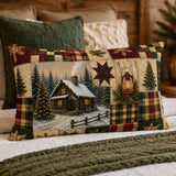 Vintage Christmas Cabin Lumbar Pillow, Rustic Farmhouse Plaid Patchwork (20"x14")