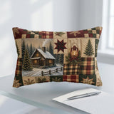 Vintage Christmas Cabin Lumbar Pillow, Rustic Farmhouse Plaid Patchwork (20"x14")