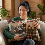 Vintage Christmas Cabin Lumbar Pillow, Rustic Farmhouse Plaid Patchwork (20"x14")