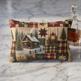 Vintage Christmas Cabin Lumbar Pillow, Rustic Farmhouse Plaid Patchwork (20"x14")