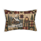 Vintage Christmas Cabin Lumbar Pillow, Rustic Farmhouse Plaid Patchwork (20"x14")