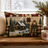 Vintage Christmas Cabin Lumbar Pillow, Rustic Farmhouse Plaid Patchwork (20"x14")
