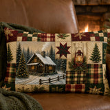 Vintage Christmas Cabin Lumbar Pillow, Rustic Farmhouse Plaid Patchwork (20"x14")