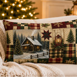 Vintage Christmas Cabin Lumbar Pillow, Rustic Farmhouse Plaid Patchwork (20"x14")