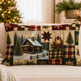 Vintage Christmas Cabin Lumbar Pillow, Rustic Farmhouse Plaid Patchwork (20"x14")