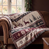 Cosy Christmas Reindeer Blanket – Woven Red and Green Throw