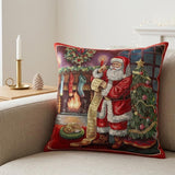Santa Gobelin Pillow Cover, Red Christmas Cushion Cover with Gold Lurex, Woven Tapestry Throw Pillow, Holiday Home Decor