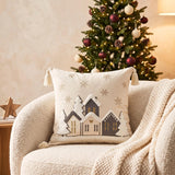 Christmas Pillow Cover, Winter Home Decor, Snowy Village Cushion, Farmhouse Holiday Accent, Embroidered Snowflake Throw Pillow, Xmas Gift