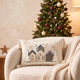 Christmas Pillow Cover, Winter Home Decor, Snowy Village Cushion, Farmhouse Holiday Accent, Embroidered Snowflake Throw Pillow, Xmas Gift