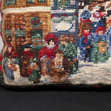Vintage Christmas Needlepoint Pillow, Winter Village, Red Velvet 12"