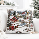 Christmas Village Pillow, Santa Sleigh, Snowy Winter Scene (Insert or Cover)
