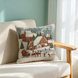Christmas Woven Pillow Cover, Winter Village Cushion, Farmhouse Holiday Decor, Snowy Christmas Gift
