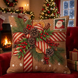 Christmas Throw Pillow, Santa Stamp Design, Festive Holiday Decor (Insert Included)