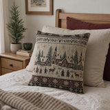 Winter Village Woven Pillow Snowy Christmas Village Rustic Cabin Decor Scandinavian Holiday Throw Pillow Woodland Winter Tapestry Cushion