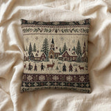 Winter Village Woven Pillow Snowy Christmas Village Rustic Cabin Decor Scandinavian Holiday Throw Pillow Woodland Winter Tapestry Cushion