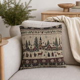 Winter Village Woven Pillow Snowy Christmas Village Rustic Cabin Decor Scandinavian Holiday Throw Pillow Woodland Winter Tapestry Cushion