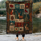 Woodland Christmas Woven Blanket, Deer Fox Rabbit Bird Patchwork Tapestry Throw, Winter Holiday Folk Art Wall Hanging Rustic Home Decor Gift