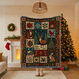 Woodland Christmas Woven Blanket, Deer Fox Rabbit Bird Patchwork Tapestry Throw, Winter Holiday Folk Art Wall Hanging Rustic Home Decor Gift