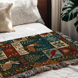 Woodland Christmas Woven Blanket, Deer Fox Rabbit Bird Patchwork Tapestry Throw, Winter Holiday Folk Art Wall Hanging Rustic Home Decor Gift