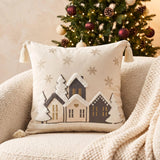 Christmas Pillow Cover, Winter Home Decor, Snowy Village Cushion, Farmhouse Holiday Accent, Embroidered Snowflake Throw Pillow, Xmas Gift