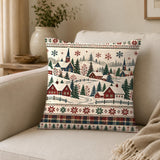 Christmas Village Throw Pillow Cover, Red Green Scandinavian Folk Cushion, Winter Decor
