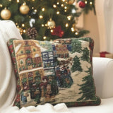 Vintage Christmas Needlepoint Pillow, Winter Village, Red Velvet 12"