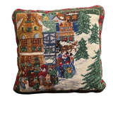 Vintage Christmas Needlepoint Pillow, Winter Village, Red Velvet 12"