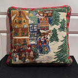 Vintage Christmas Needlepoint Pillow, Winter Village, Red Velvet 12"