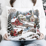 Christmas Village Pillow, Santa Sleigh, Snowy Winter Scene (Insert or Cover)