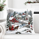 Christmas Village Pillow, Santa Sleigh, Snowy Winter Scene (Insert or Cover)