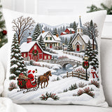 Christmas Village Pillow, Santa Sleigh, Snowy Winter Scene (Insert or Cover)